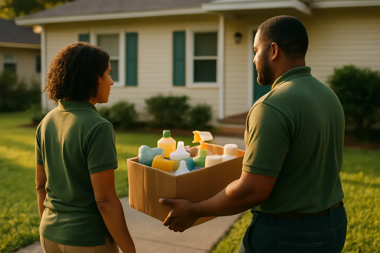 Two community service workers carrying a box of cleaning supplies up to a home