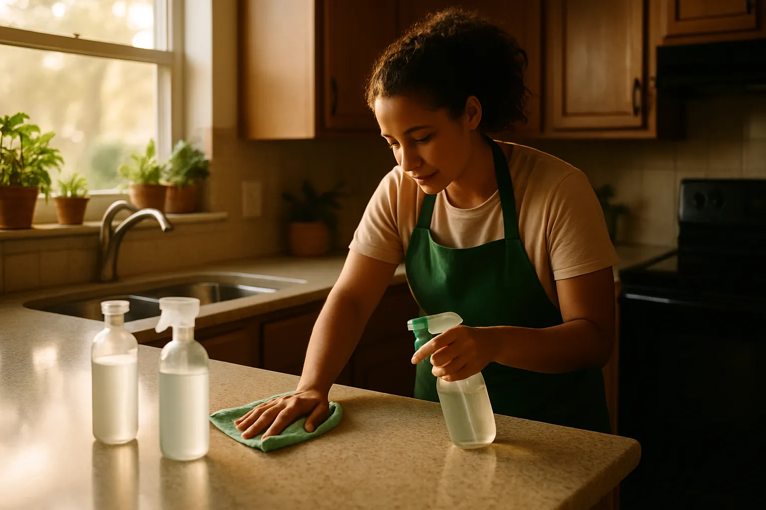 A team member cleaning a kitchen counter with eco-friendly supplies