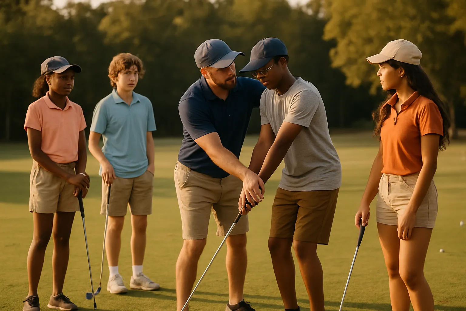 A mentor coaching teens at a summer golf clinic