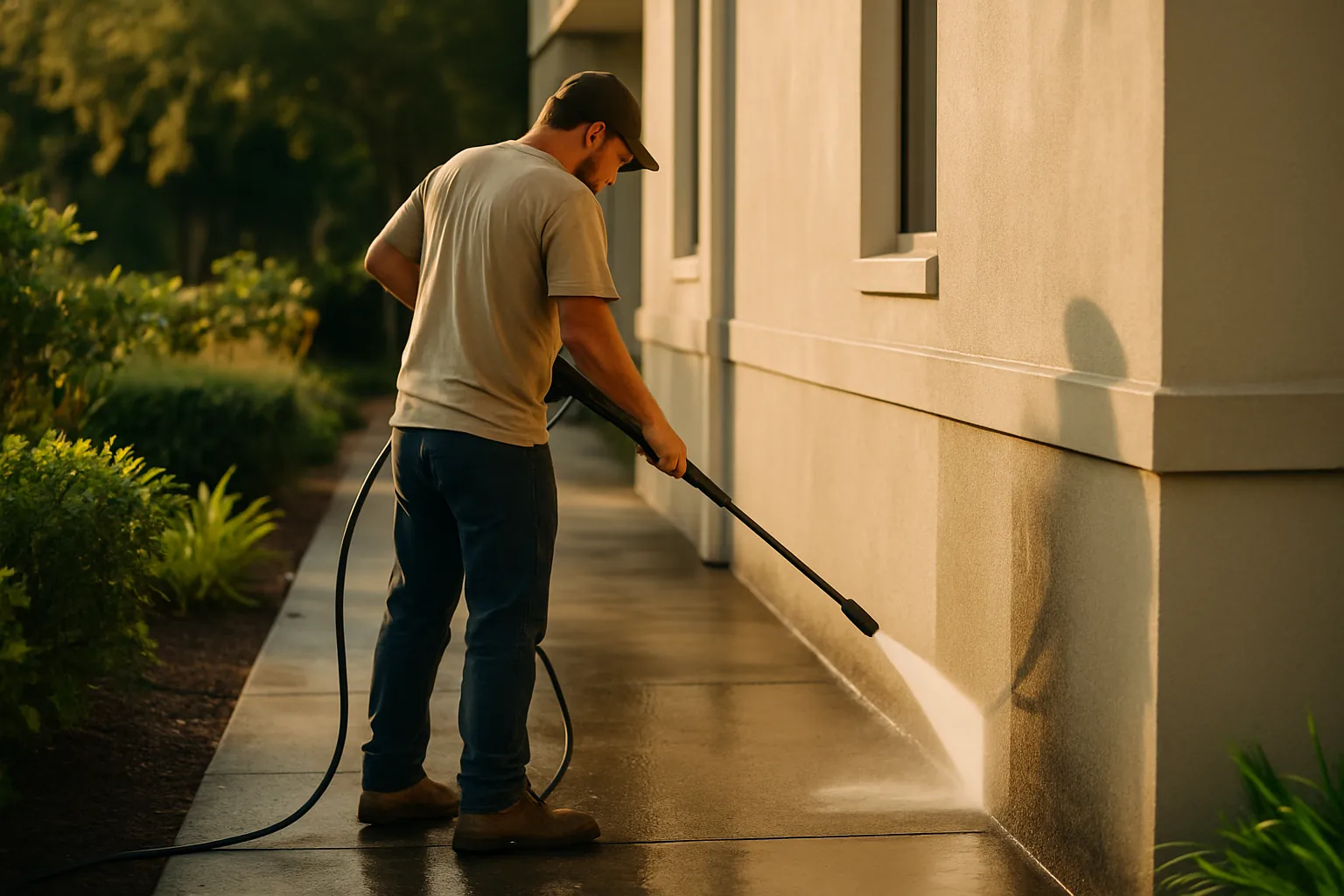 A worker pressure washing a building walkway