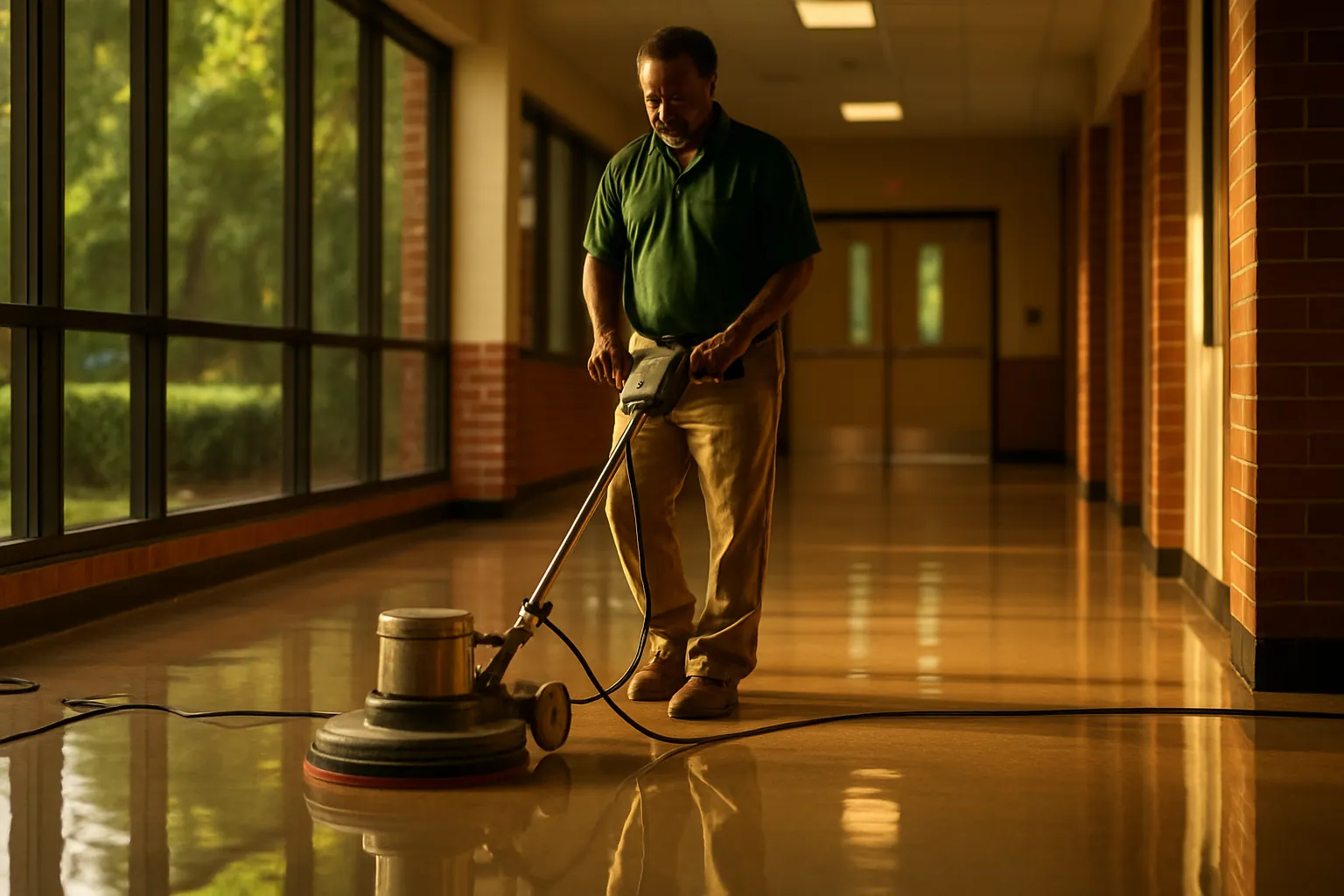 A floor buffer polishing a shiny hallway floor