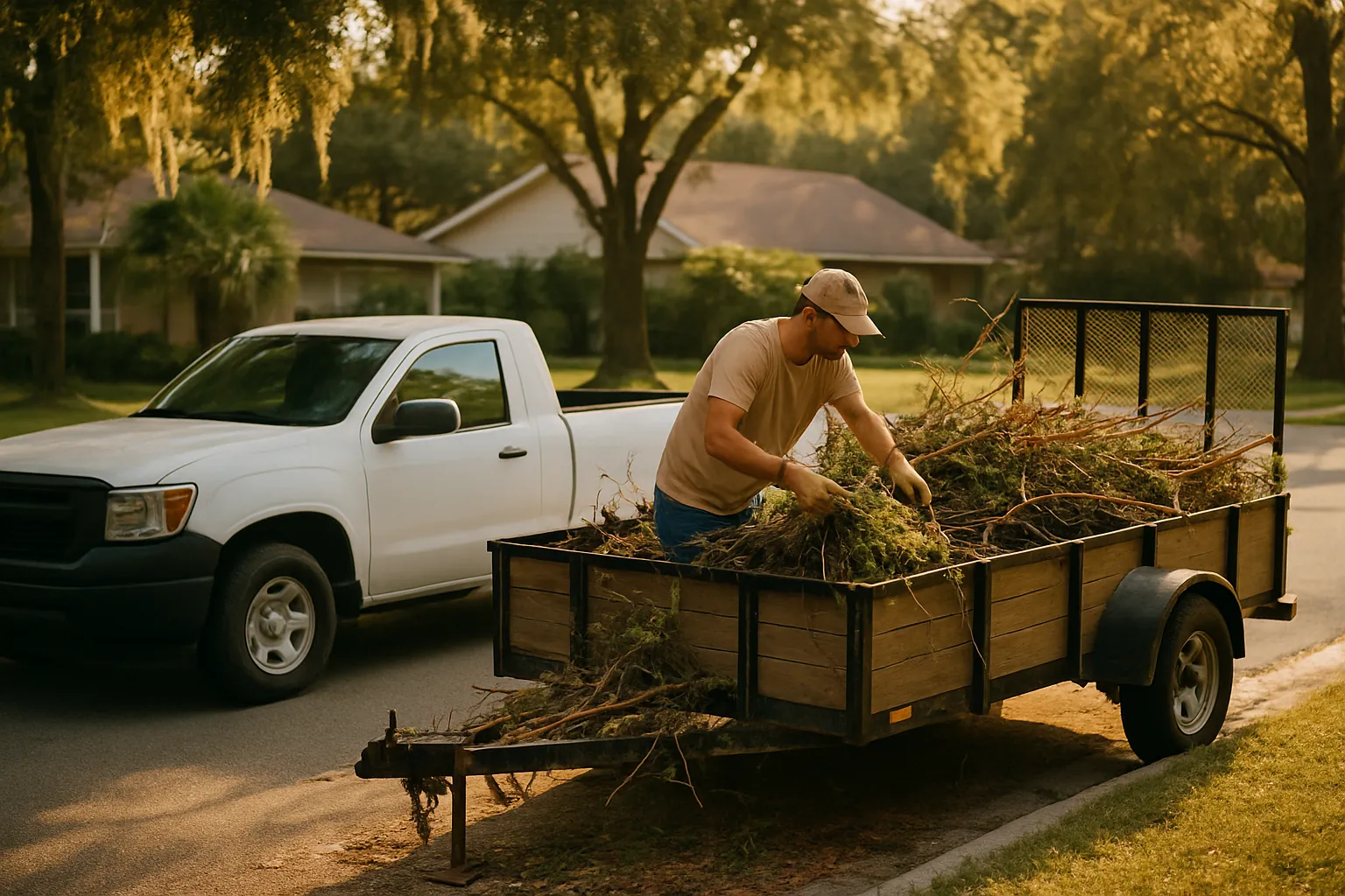 A work truck and trailer loaded with yard debris