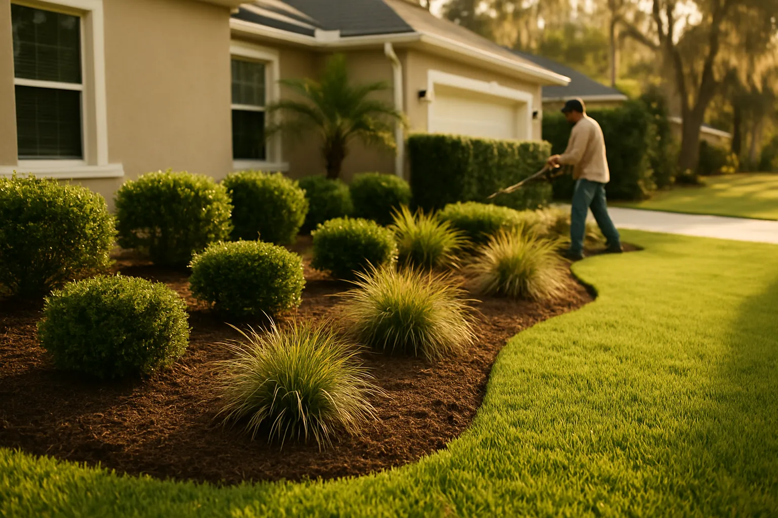 A landscaped flower bed with fresh mulch and a trimmed lawn