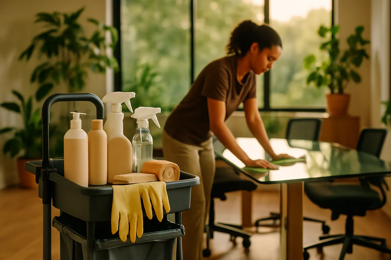 A worker wiping a conference table in a clean office
